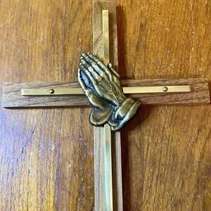 Cross Crucifix Brass Inlay Wood Praying Hands Wall Decor Chapel Craft 12”